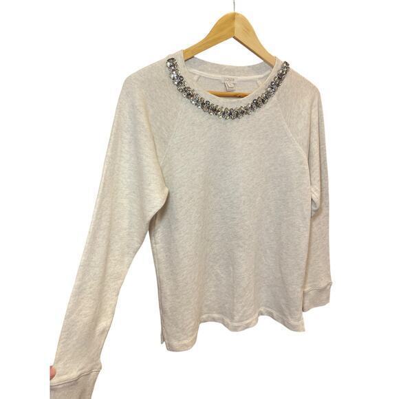 J. Crew Rhinestone Jewel Neckline Holiday Heathered Cream Sweatshirt 100% Cotton - Picture 8 of 12